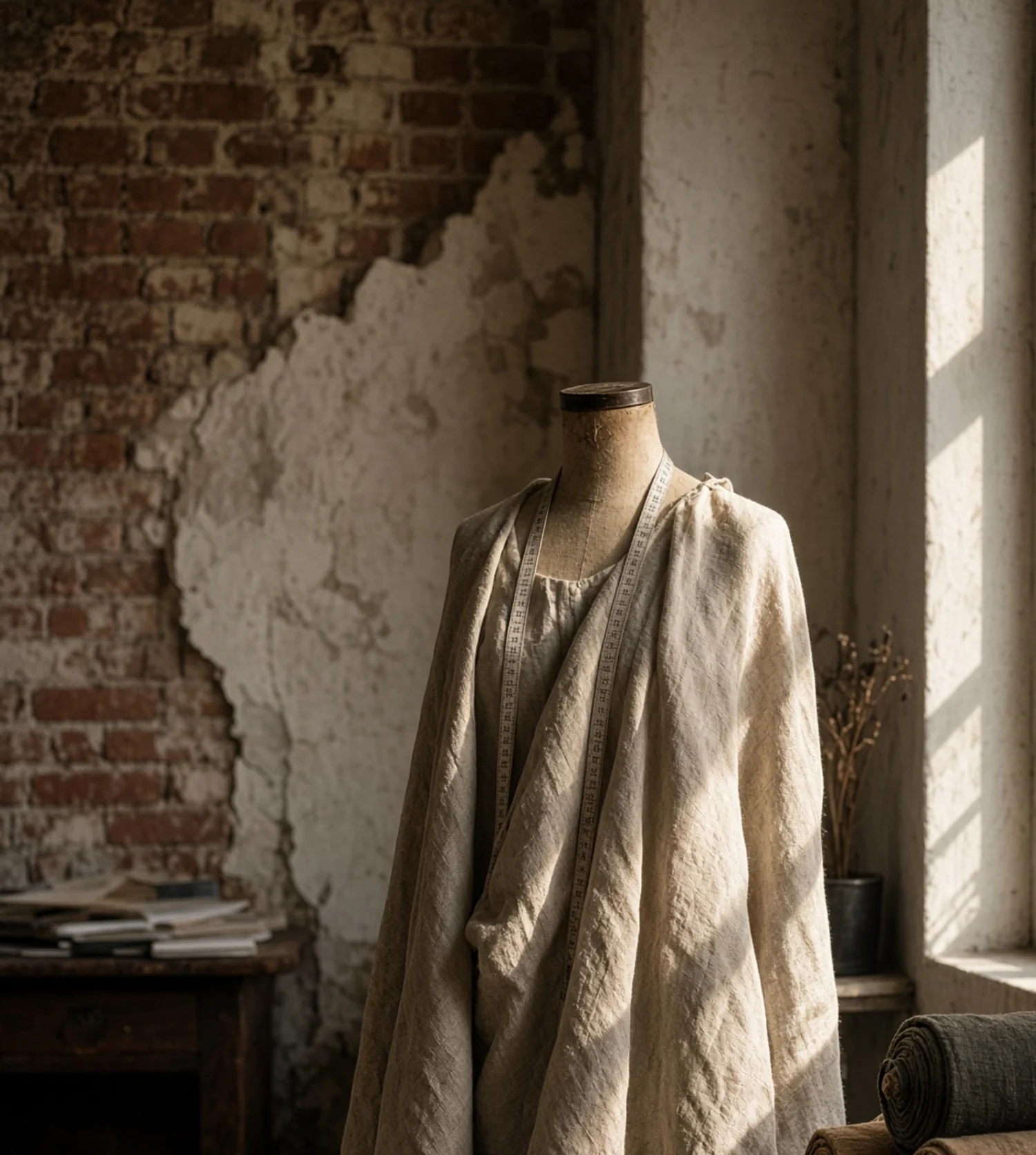 A linen garment displayed in a quiet atelier