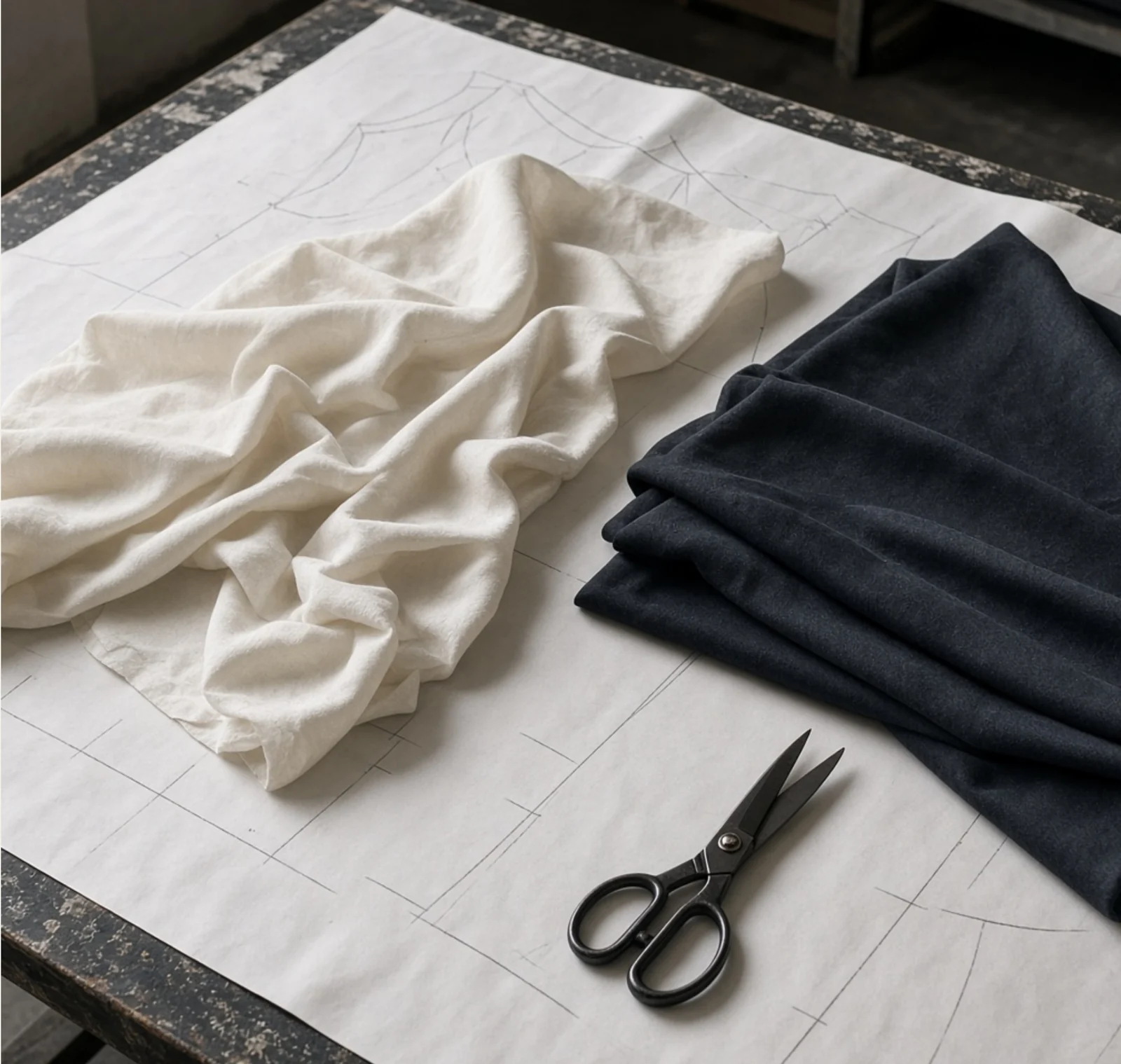 Fabric draped over a garment pattern beside tailoring scissors