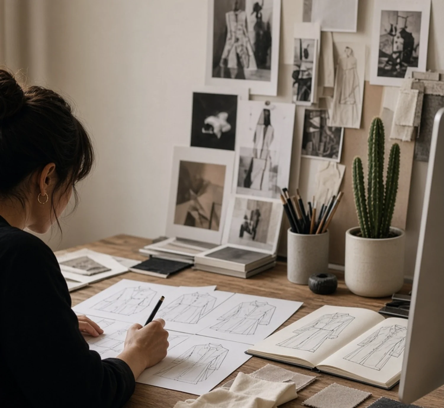 A designer at work with garment sketches and material swatches